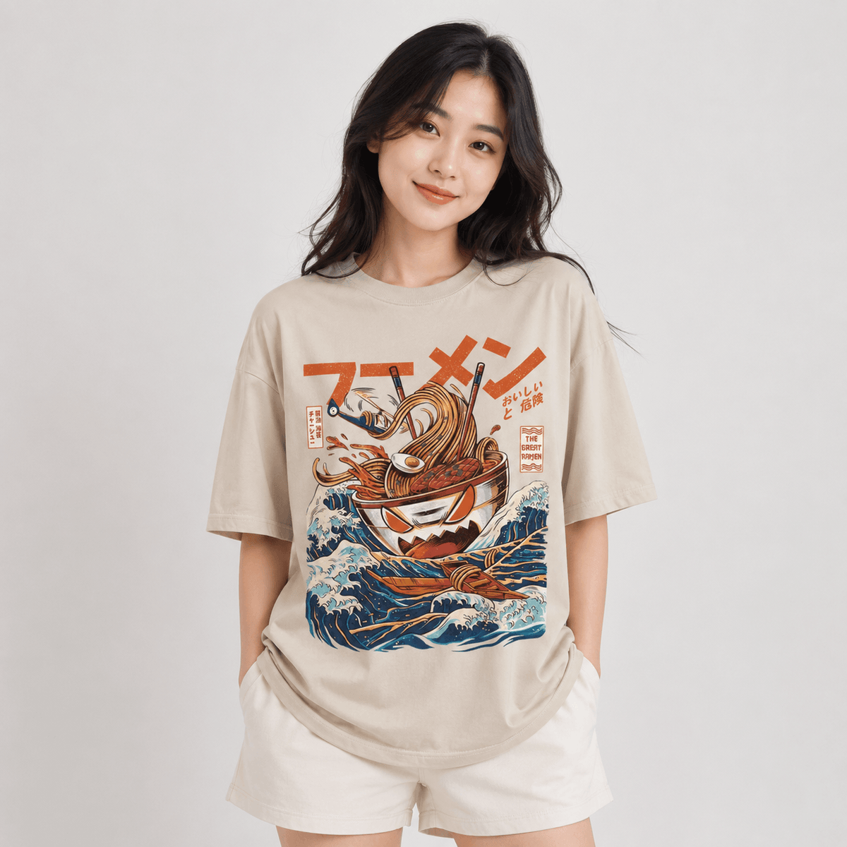 Kawaiies Collection - Apparel - Japanese-theme Flaming Hot Noodles Great Waves Unisex Tee