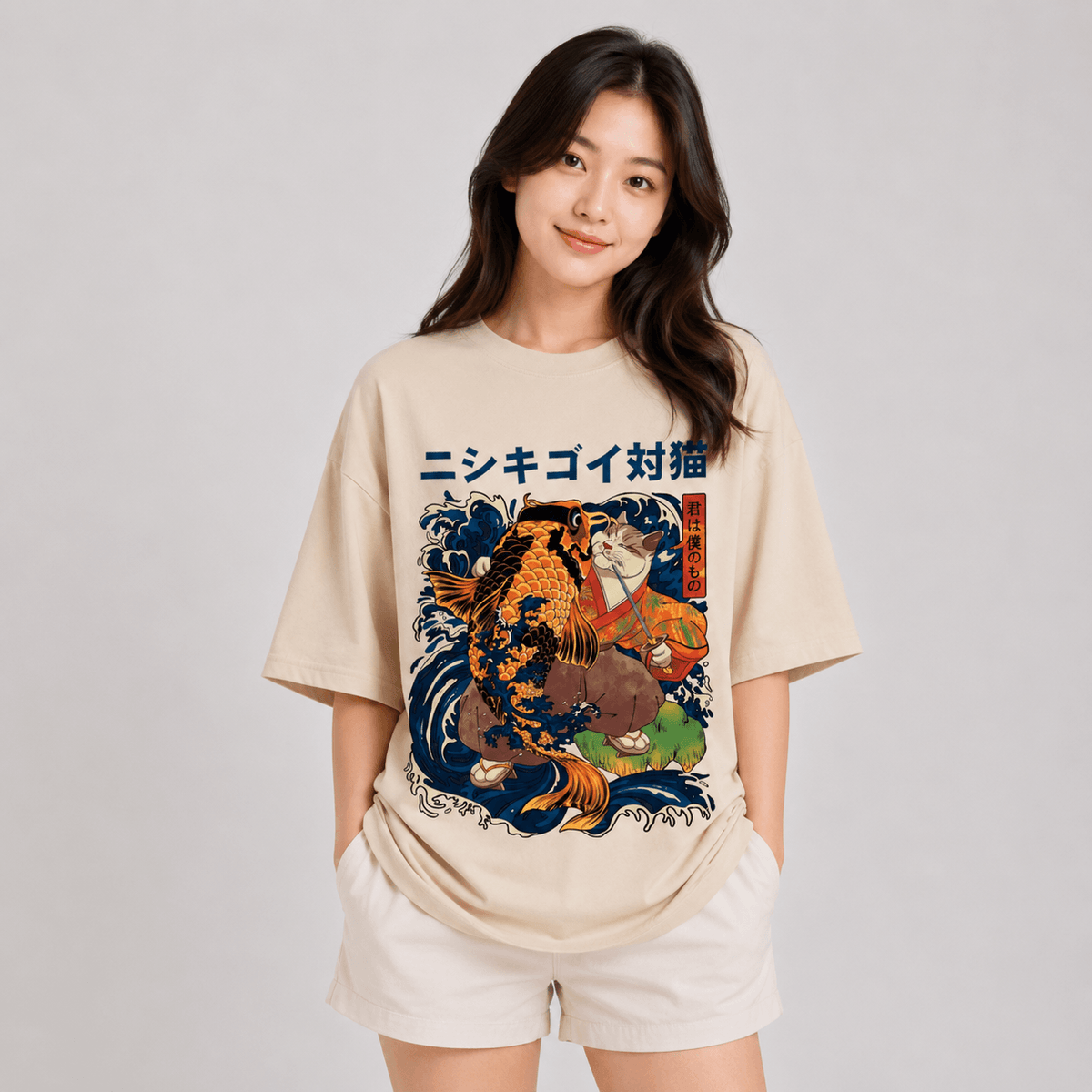 Kawaiies Collection - Tops - Harajuku Samurai Cat Koi Fish Unisex Tee
