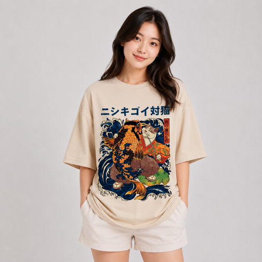 Harajuku Samurai Cat Koi Fish Unisex Tee