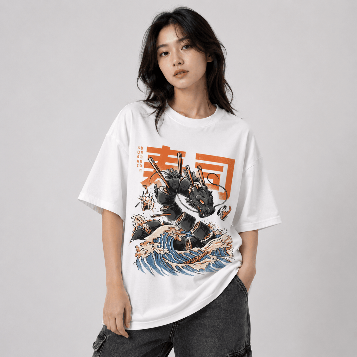 Kawaiies Collection - Apparel - Japanese King Dragon Sushi Roll Waves Unisex Tee