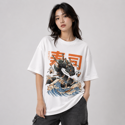 Japanese King Dragon Sushi Roll Waves Unisex Tee