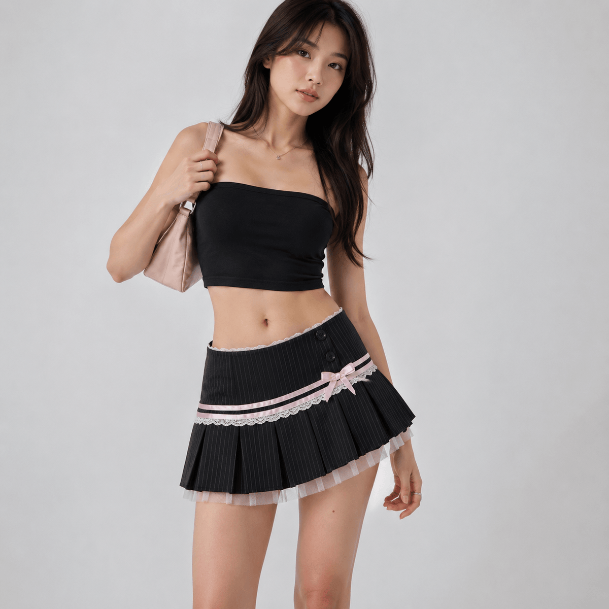Kawaiies Collection - Apparel - Rosette Pinstripe Pleated Mini Skirt