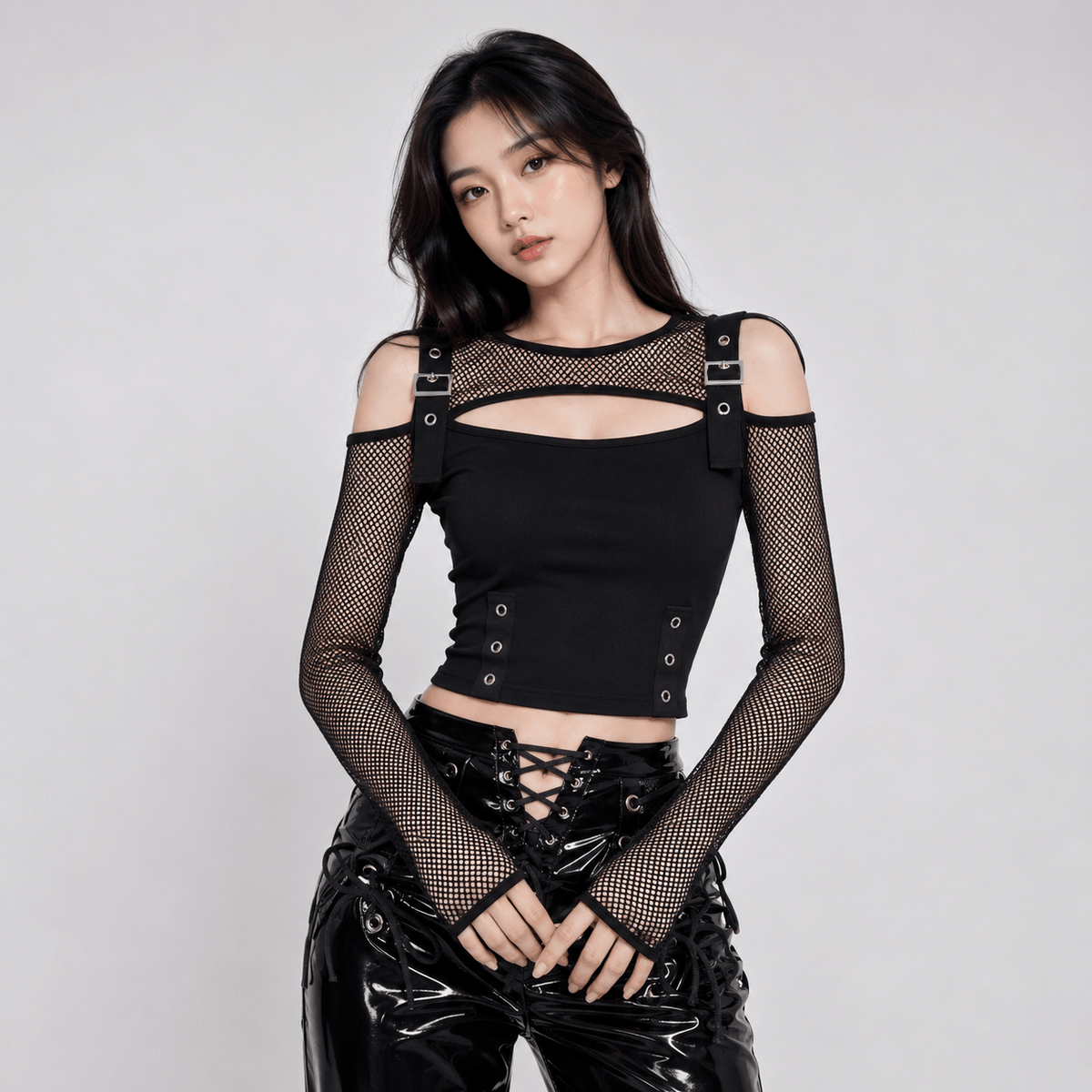 Kawaiies Collection - Apparel - Midnight Mesh Buckle Gothic Women's Crop Top