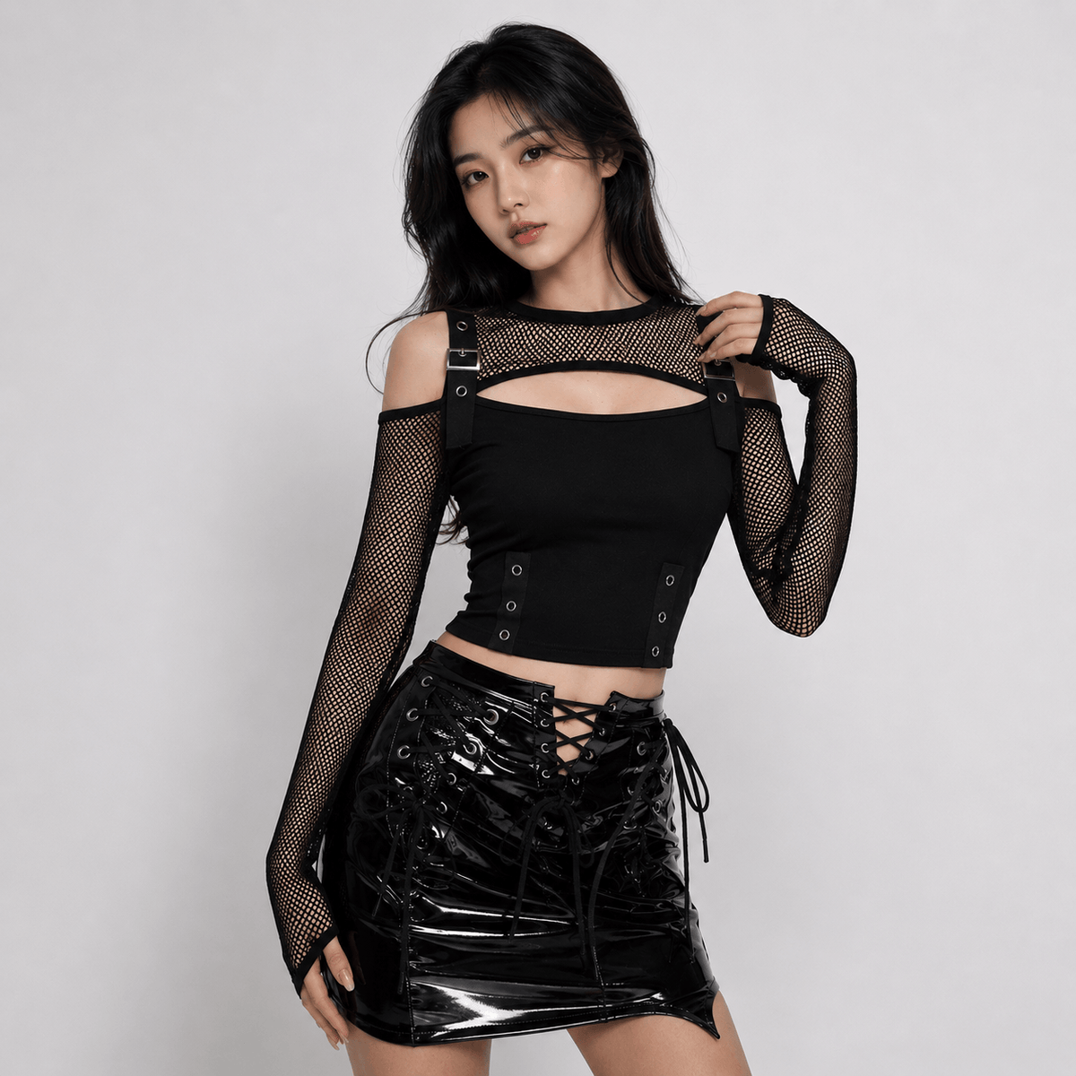 Kawaiies Collection - Apparel - Midnight Mesh Buckle Gothic Women's Crop Top