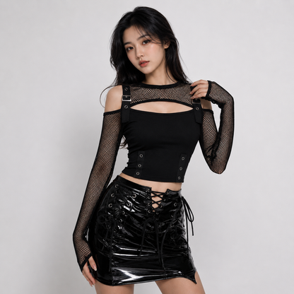 Midnight Mesh Buckle Gothic Women's Crop Top