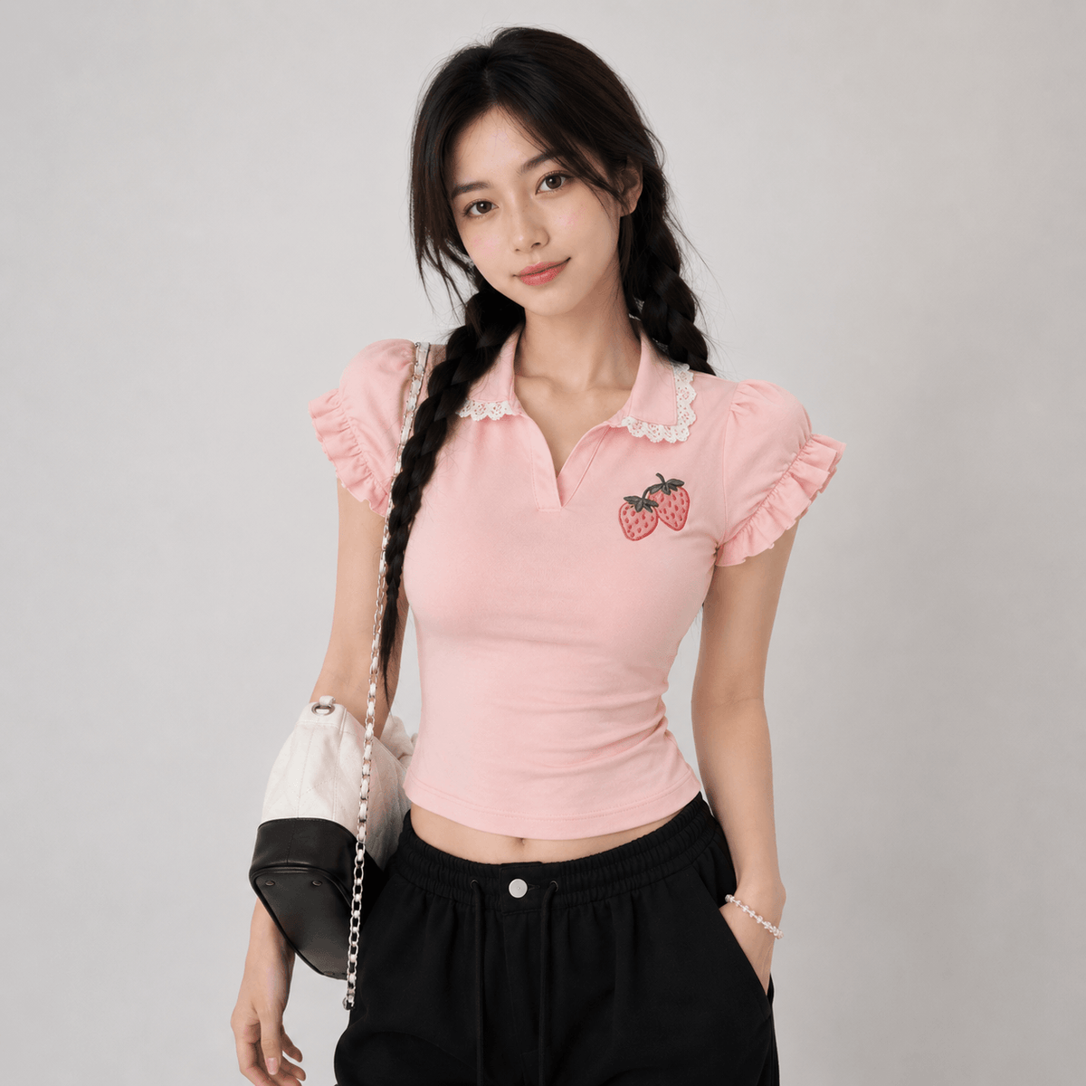 Kawaiies Collection - Apparel - Strawberry Lace Collar Polo Womne's Top