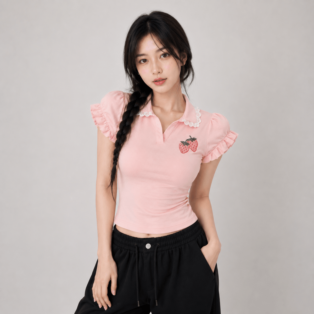 Kawaiies Collection - Apparel - Strawberry Lace Collar Polo Womne's Top