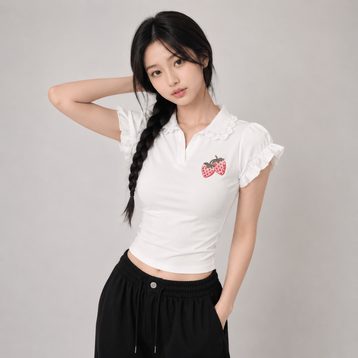 Kawaiies Collection - Apparel - Strawberry Lace Collar Polo Womne's Top