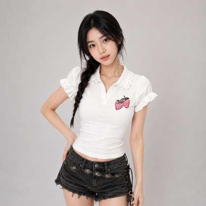 Strawberry Lace Collar Polo Womne's Top