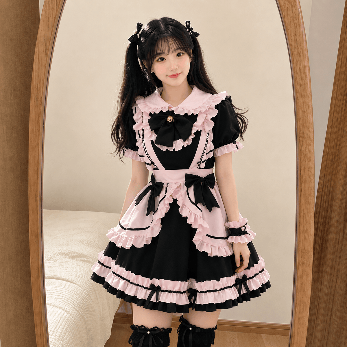 Kawaiies Collection - Apparel - Gothic Black Pink Sweet Lolita Women's Maid Dress Bowknots
