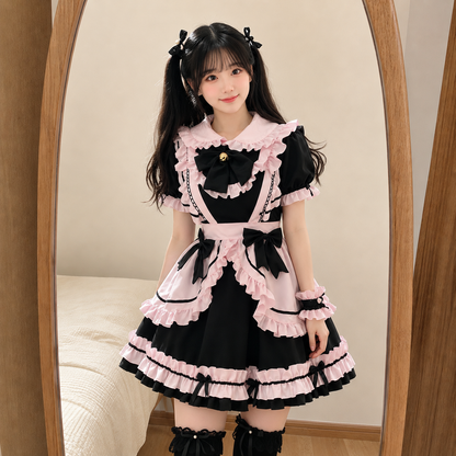 Gothic Black Pink Sweet Lolita Women's Maid Dress Bowknots