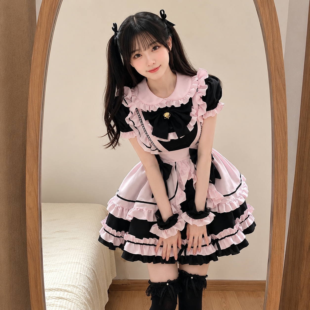 Gothic Black Pink Sweet Lolita Women's Maid Dress Bowknots