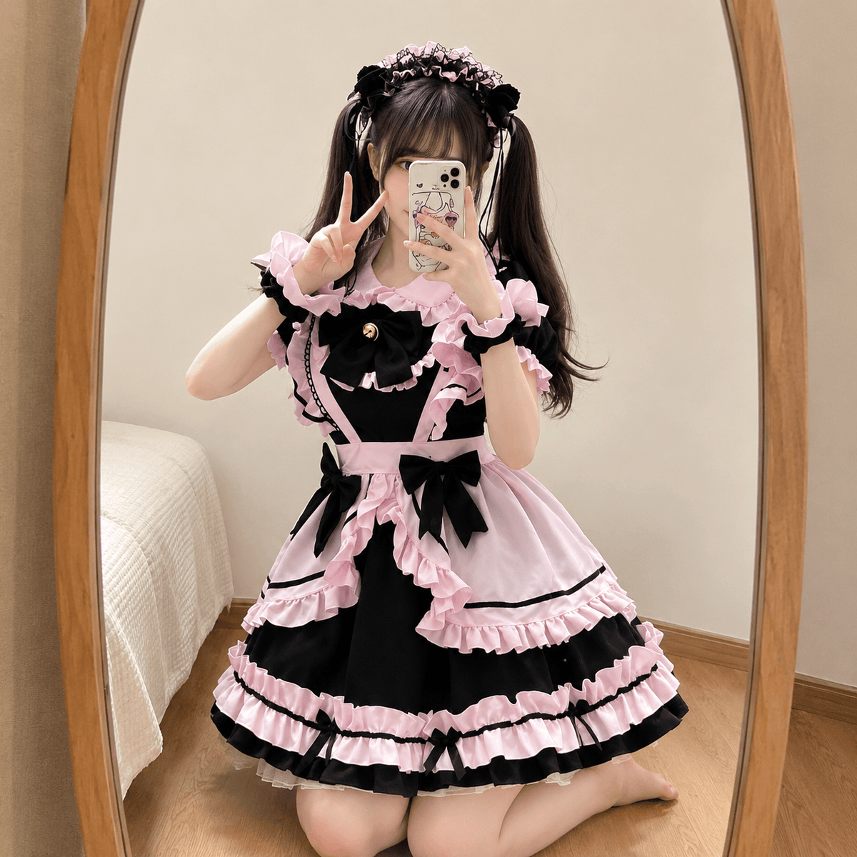 Kawaiies Collection - Apparel - Gothic Black Pink Sweet Lolita Women's Maid Dress Bowknots