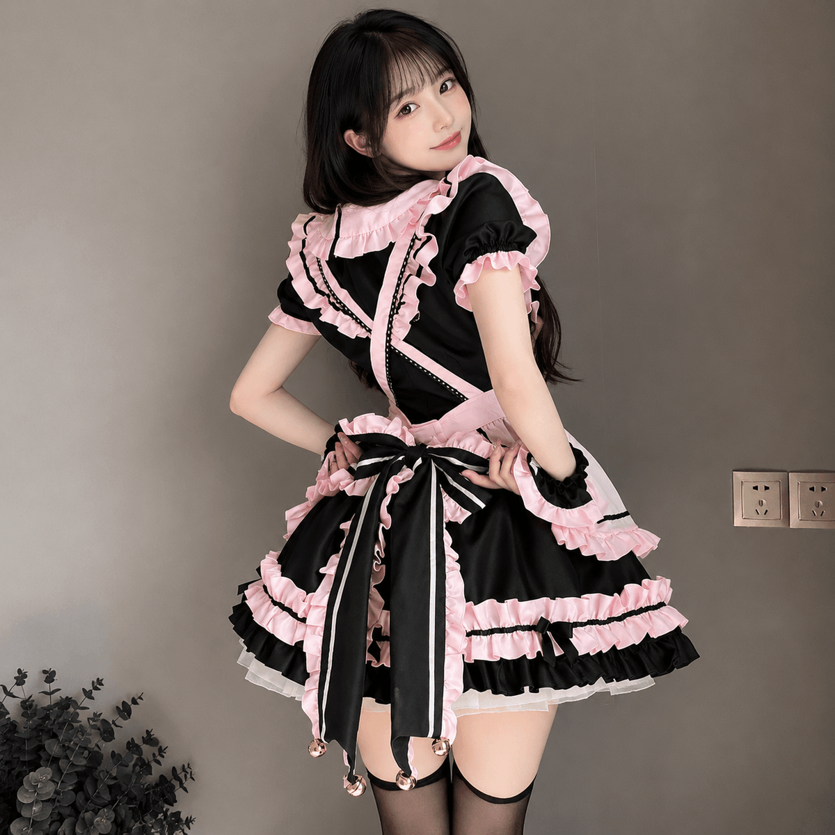 Kawaiies Collection - Apparel - Gothic Black Pink Sweet Lolita Women's Maid Dress Bowknots