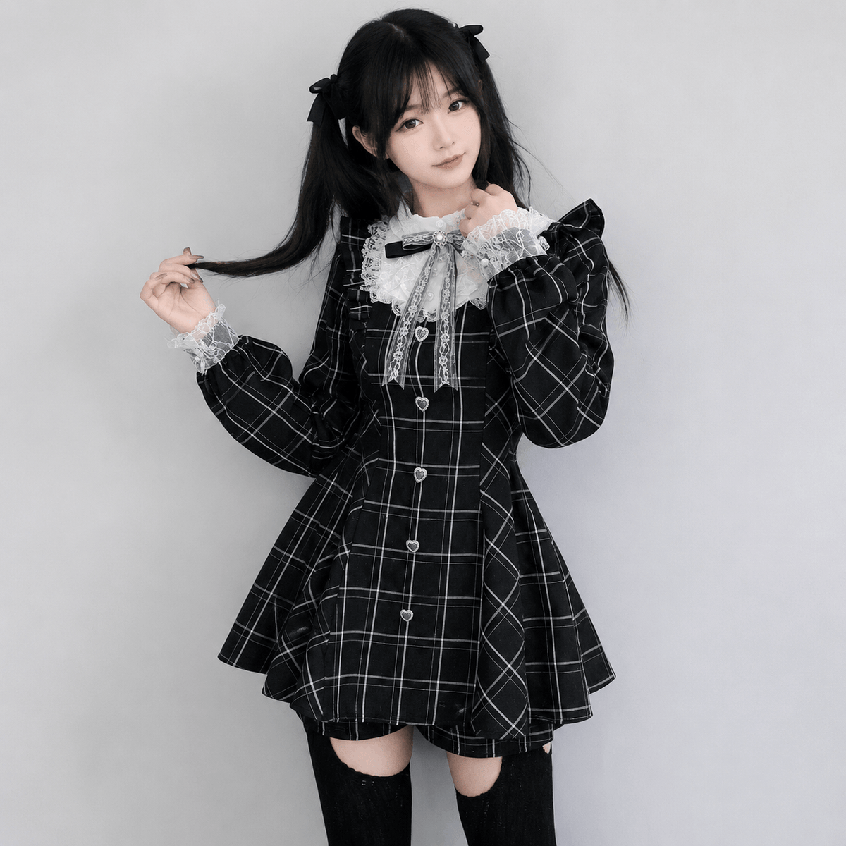 Kawaiies Collection - Apparel - Harajuku Black Plaid Hearts Laced Lolita Women's Dress