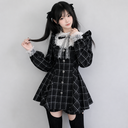 Harajuku Black Plaid Hearts Laced Lolita Women's Dress
