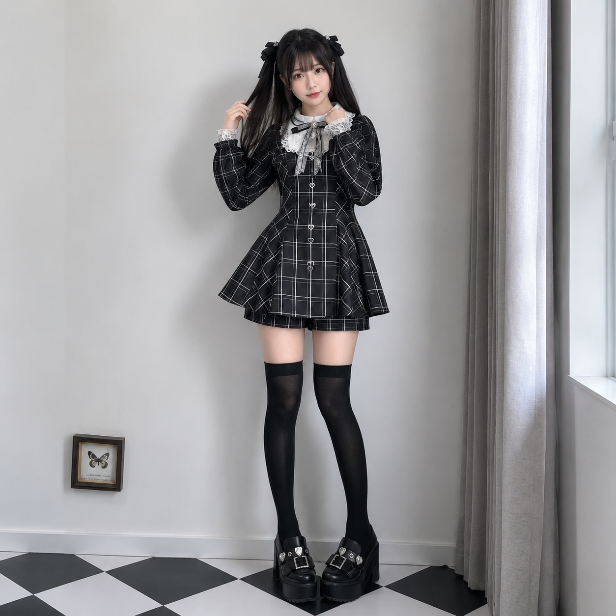 Harajuku Black Plaid Hearts Laced Lolita Women's Dress