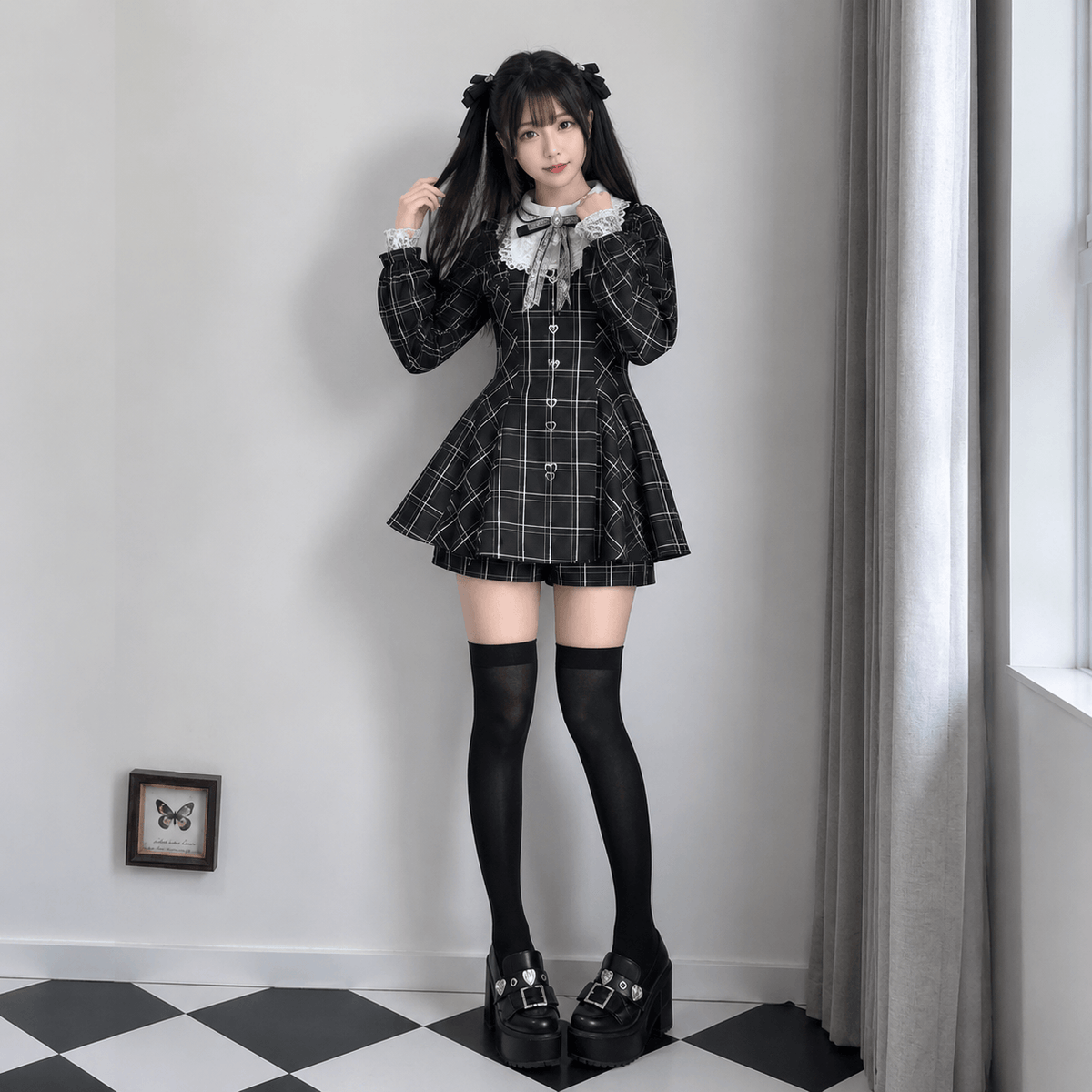 Kawaiies Collection - Apparel - Harajuku Black Plaid Hearts Laced Lolita Women's Dress