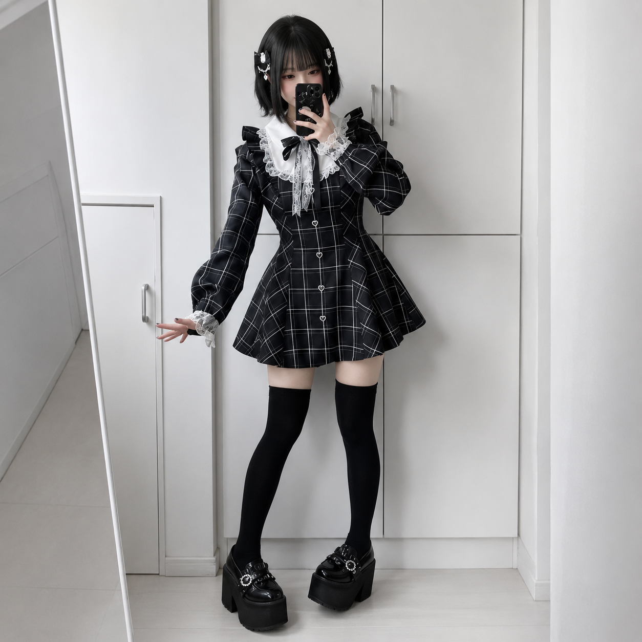 Harajuku Black Plaid Hearts Laced Lolita Women's Dress