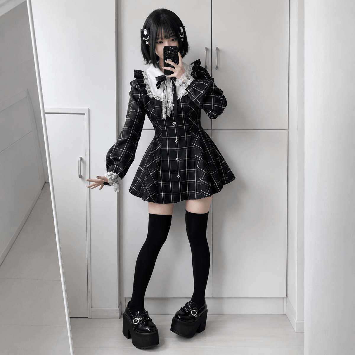 Kawaiies Collection - Apparel - Harajuku Black Plaid Hearts Laced Lolita Women's Dress