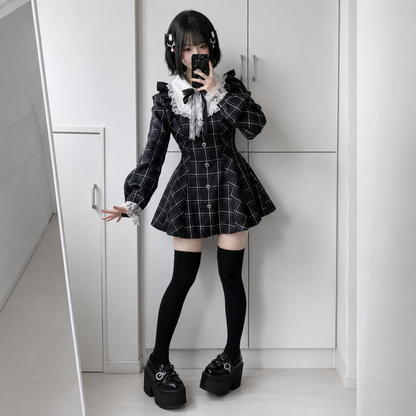 Harajuku Black Plaid Hearts Laced Lolita Women's Dress