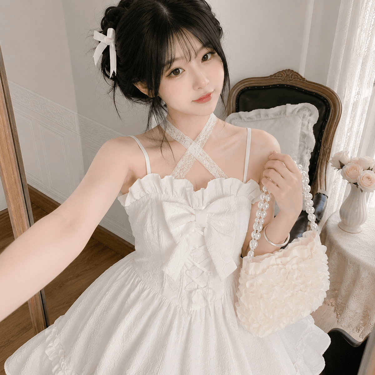 Kawaiies Collection - Apparel - White Lolita Style Lace Bow Ruffles Women's Dress