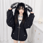 Kawaiies Collection - Apparel - Lace Bunny Ears Black White Zip-up Hoodies
