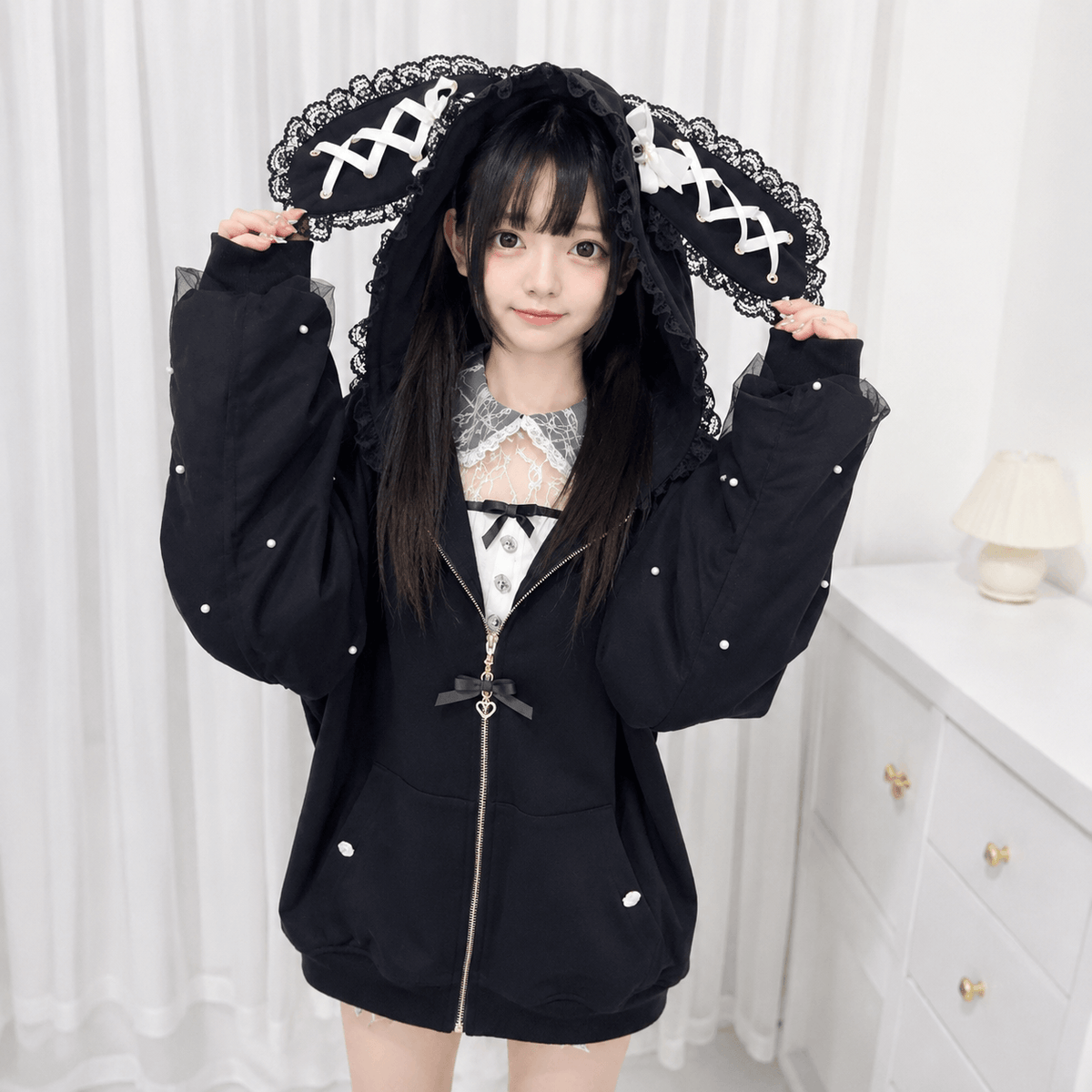 Kawaiies Collection - Apparel - Lace Bunny Ears Black White Zip-up Hoodies