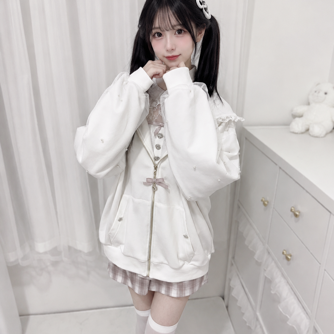 Lace Bunny Ears Black White Zip-up Hoodies