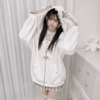 Kawaiies Collection - Apparel - Lace Bunny Ears Black White Zip-up Hoodies
