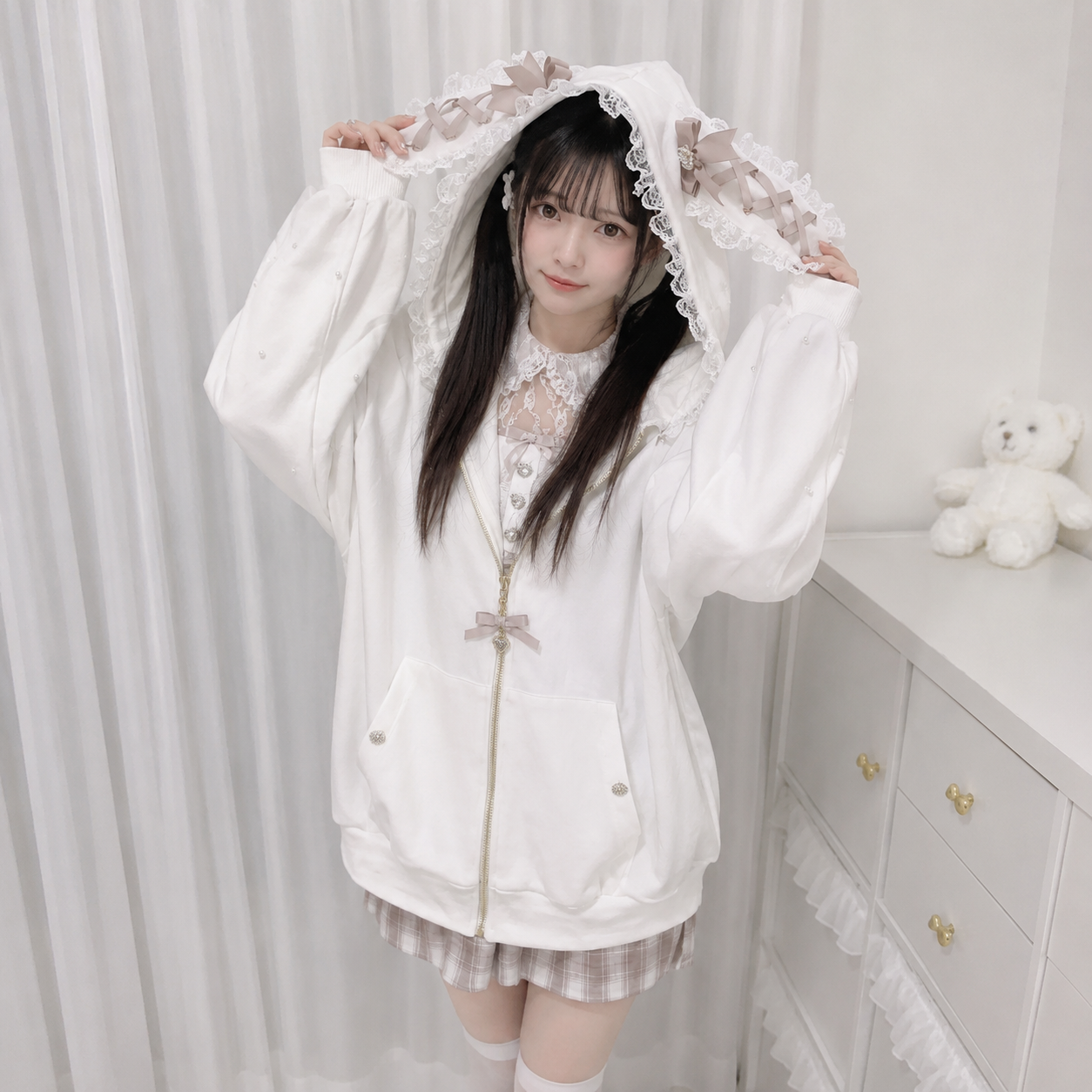 Lace Bunny Ears Black White Zip-up Hoodies