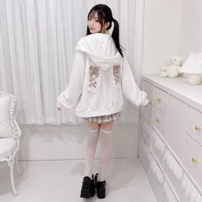 Lace Bunny Ears Black White Zip-up Hoodies