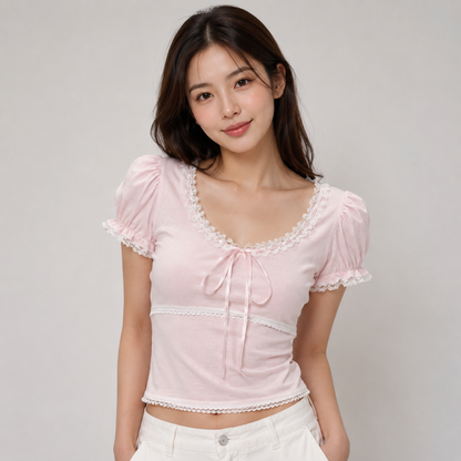 Sweetheart Pink Lace Bow Women's Top
