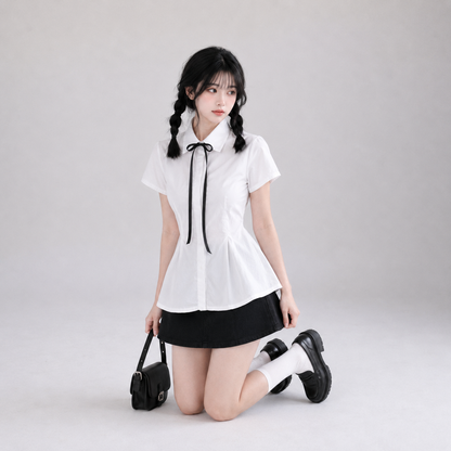 White Coquette Ribbon Peplum Women's Blouse