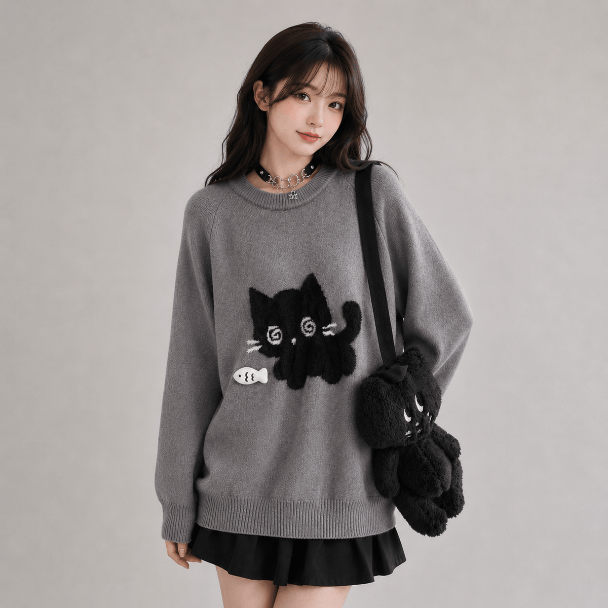 Kawaiies Collection - Apparel - Midnight Kitty Grey Oversized Women's Sweater