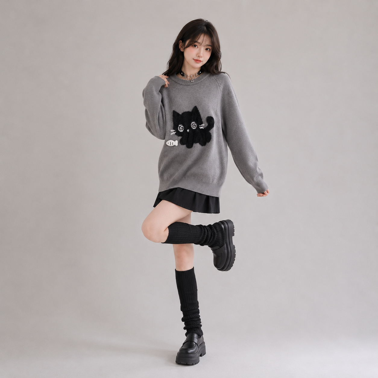 Midnight Kitty Grey Oversized Women's Sweater