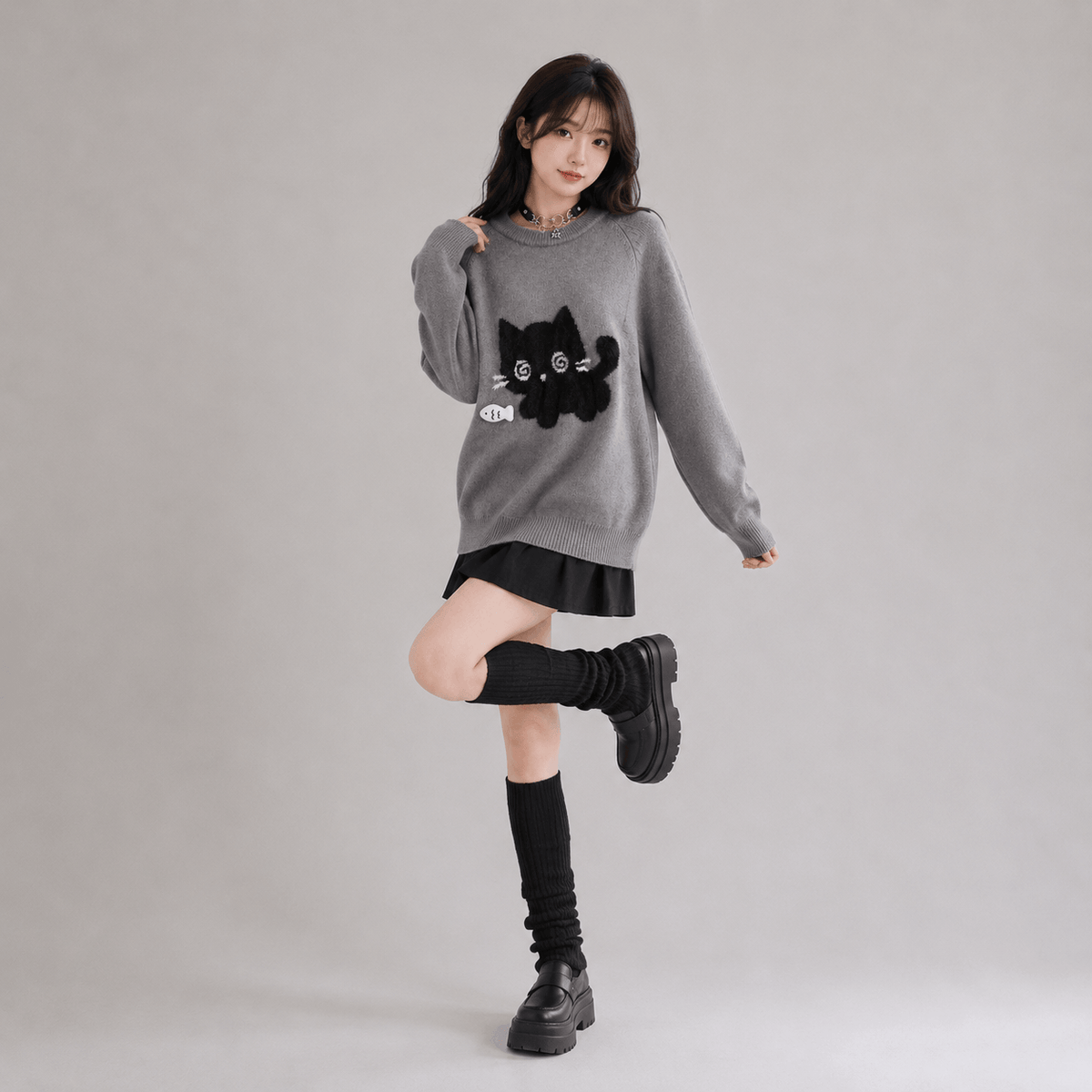 Kawaiies Collection - Apparel - Midnight Kitty Grey Oversized Women's Sweater
