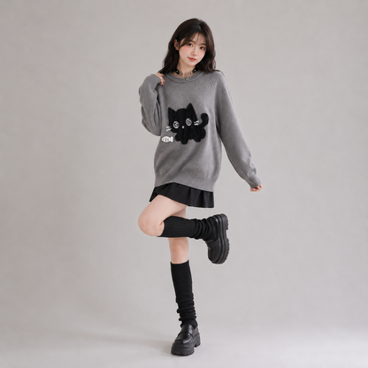 Midnight Kitty Grey Oversized Women's Sweater
