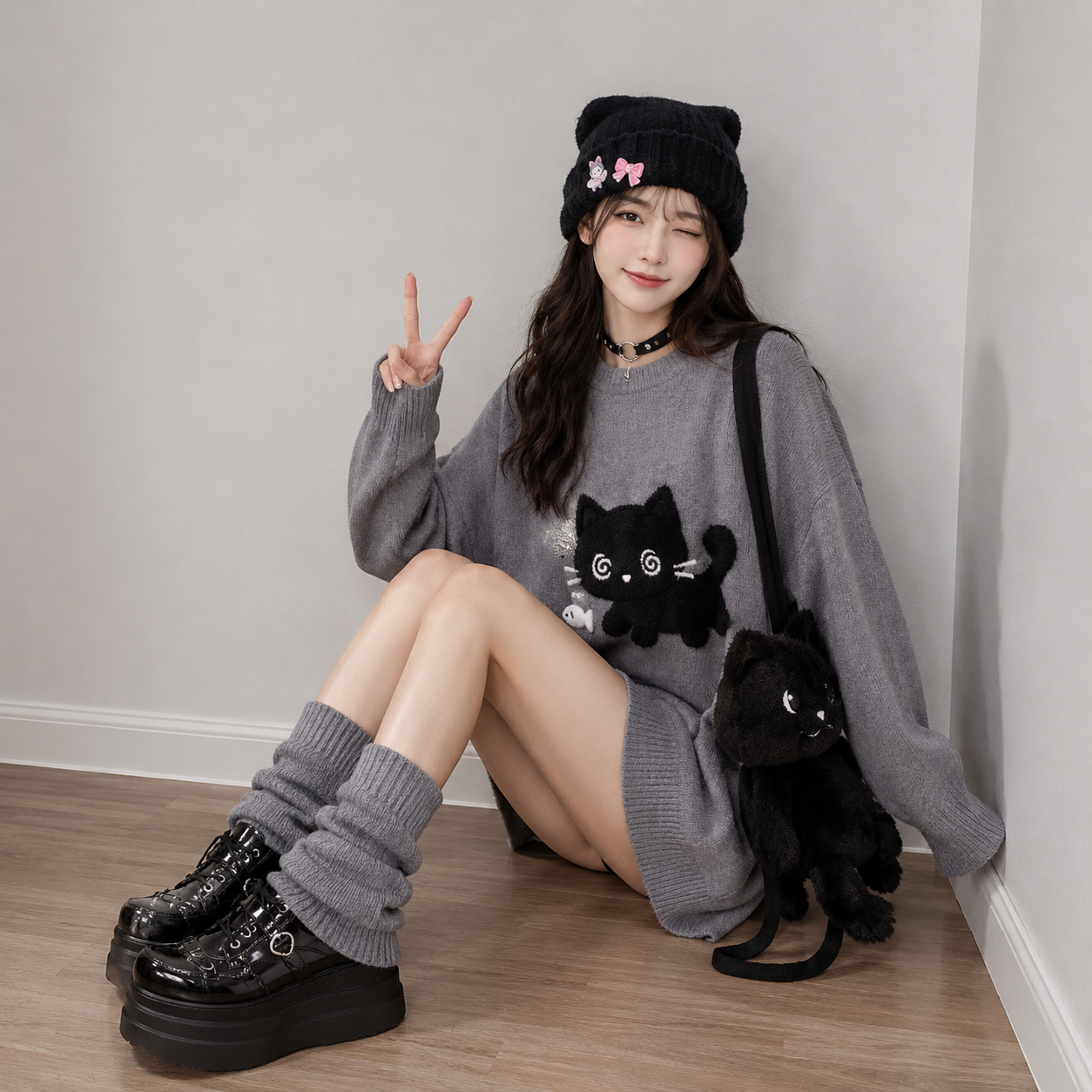 Midnight Kitty Grey Oversized Women's Sweater