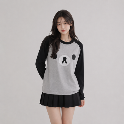 Kawaii Bear Face Oversized Long Gray Women's Top