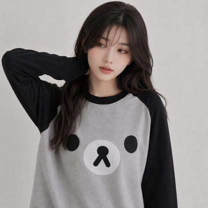 Kawaii Bear Face Oversized Long Gray Women's Top