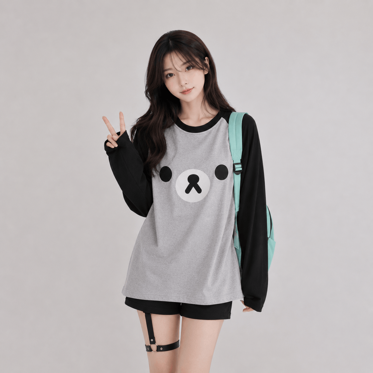 Kawaiies Collection - Apparel - Kawaii Bear Face Oversized Long Gray Women's Top