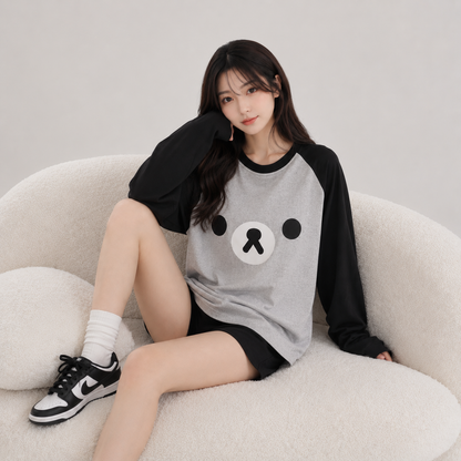 Kawaii Bear Face Oversized Long Gray Women's Top