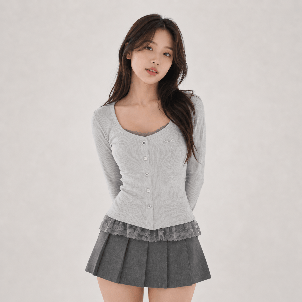 Kawaiies Collection - Apparel - Gothic Lace Hem Gray Black Long Sleeve Women's Top
