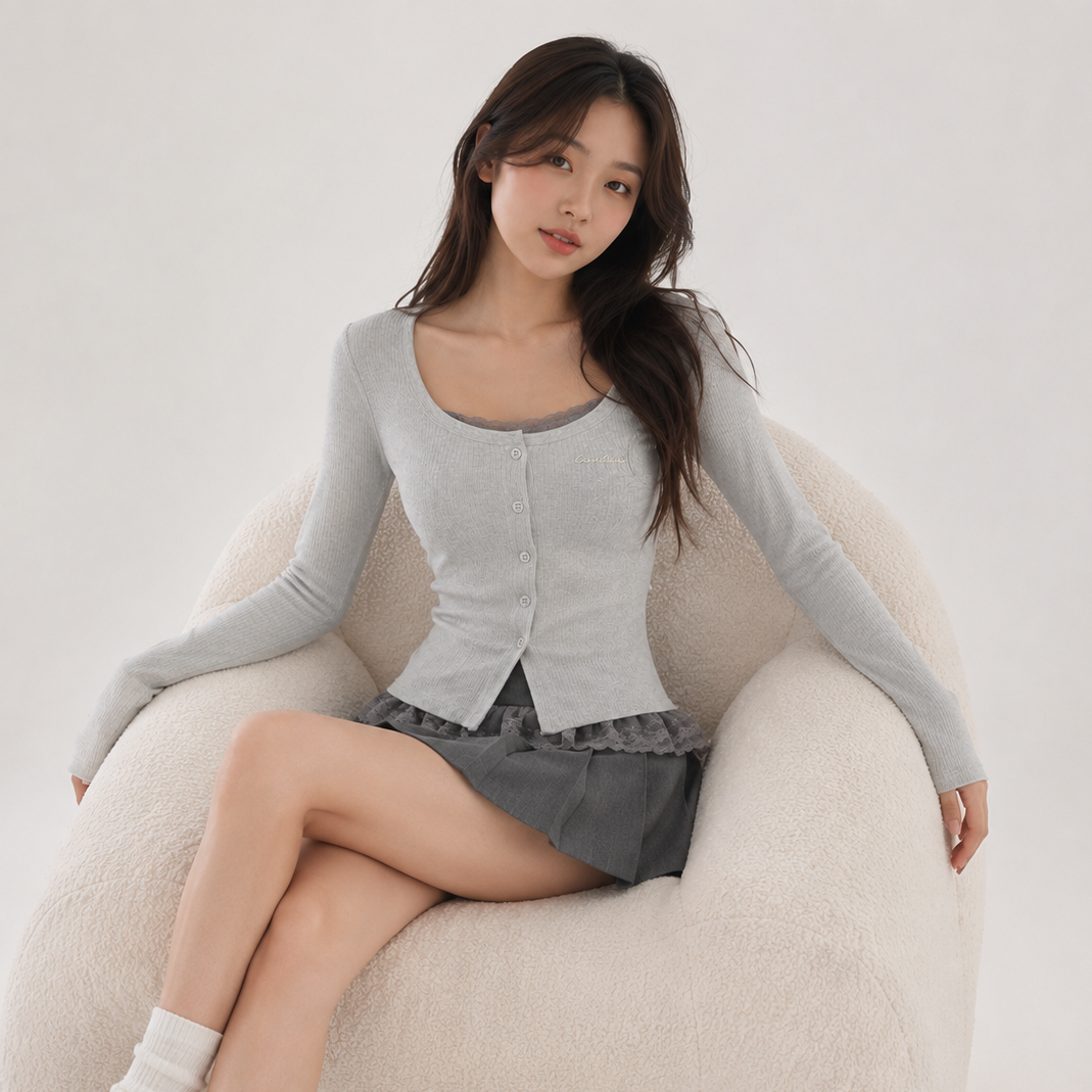 Gothic Lace Hem Gray Black Long Sleeve Women's Top