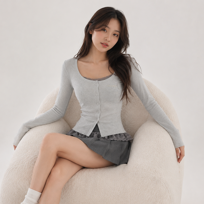 Gothic Lace Hem Gray Black Long Sleeve Women's Top