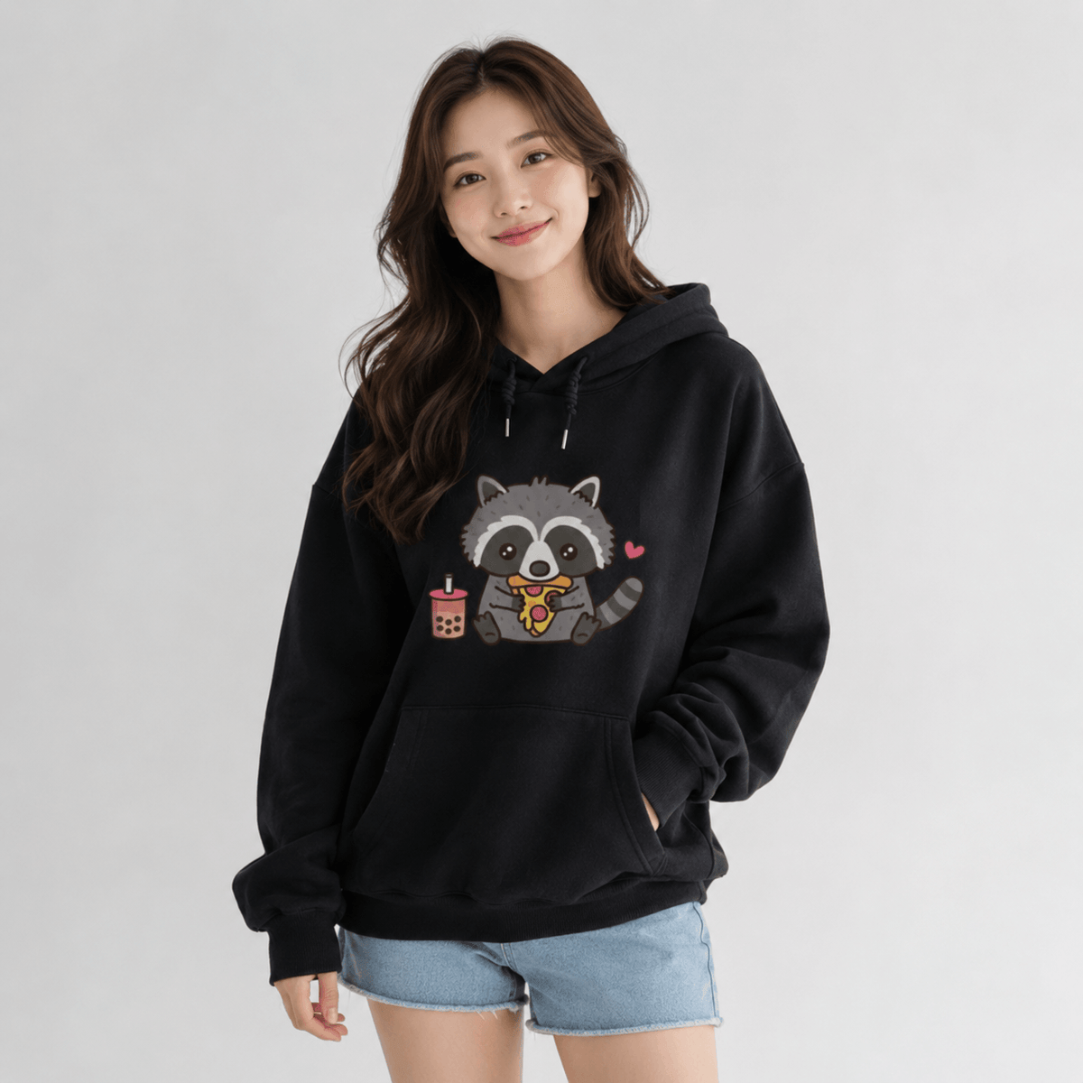 Kawaiies Collection - Apparel - Cute Raccoon Eating Bubble Milk Tea and Pizza Unisex Hoodies