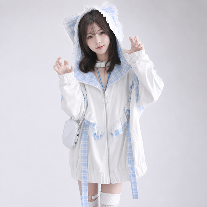 Kawaii Lolita Checkered Cat-Eared Zip-Up White Black Hoodie