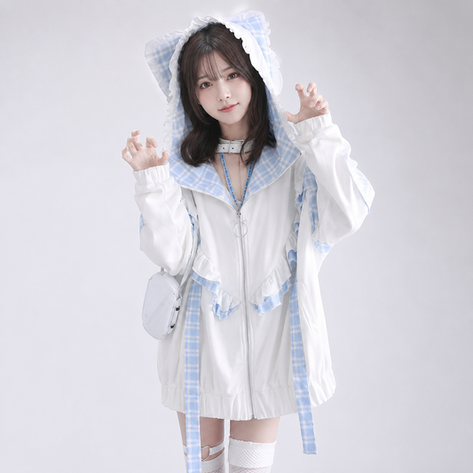 Kawaii Lolita Checkered Cat-Eared Zip-Up White Black Hoodie