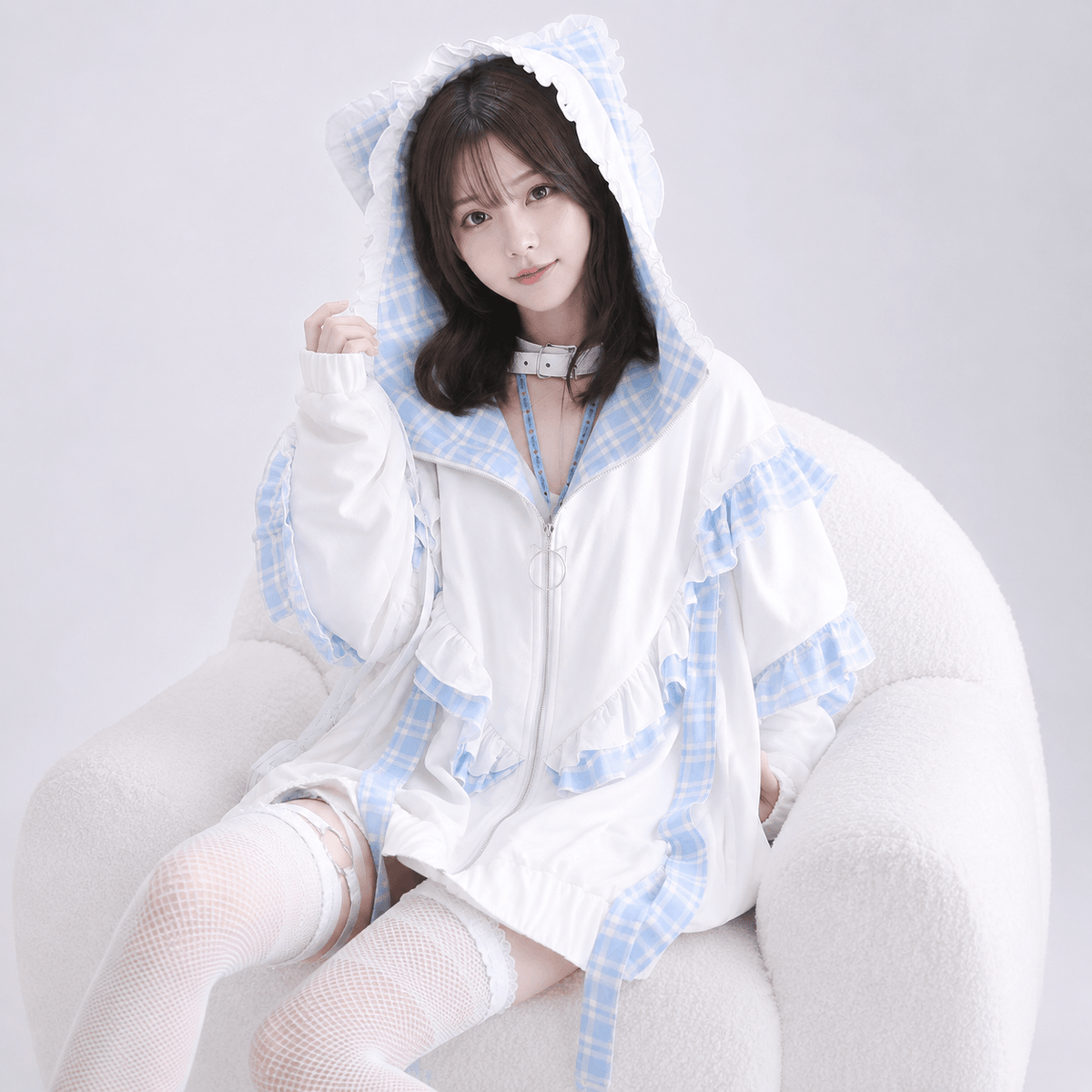 Kawaiies Collection - Apparel - Kawaii Lolita Checkered Cat-Eared Zip-Up White Black Hoodie